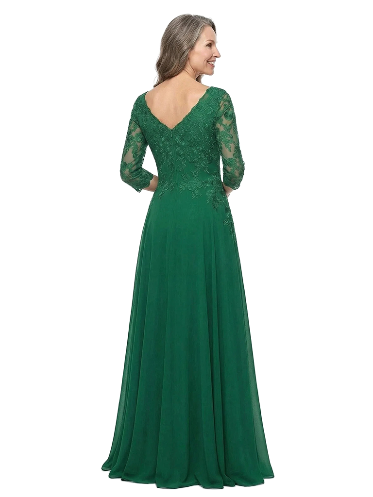 ChicSew V-Neck 3/4 Sleeve Lace Applique Ruched Waist Floor Length Chiffon Sophisticated Mother Of The Bride And Groom Dresses