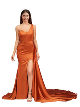 Sexy One Shoulder Side Slit Soft Satin Mermaid Formal Long Bridesmaid Dresses