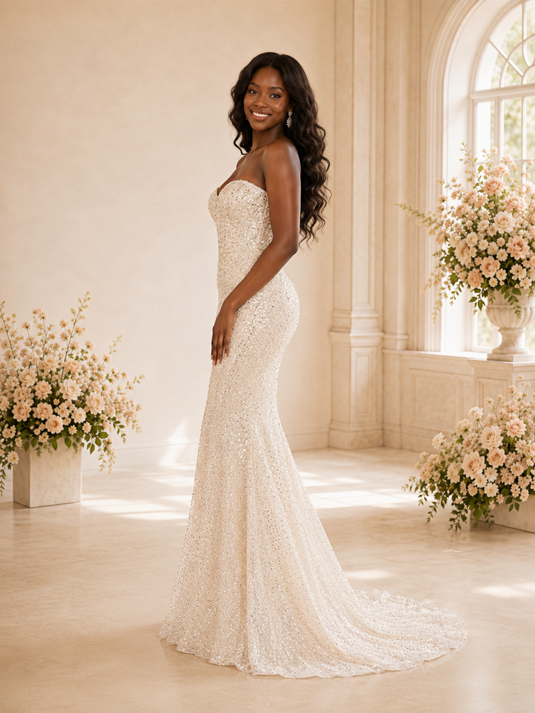 ChicSew Modern Strapless Sweetheart Mermaid Sequin Floor-Length Wedding Dress