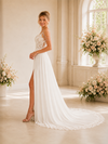 ChicSew Sexy Romantic Cold Shoulder A-Line Side Slit Lace Tulle Maxi Wedding Dresses With Applique Train