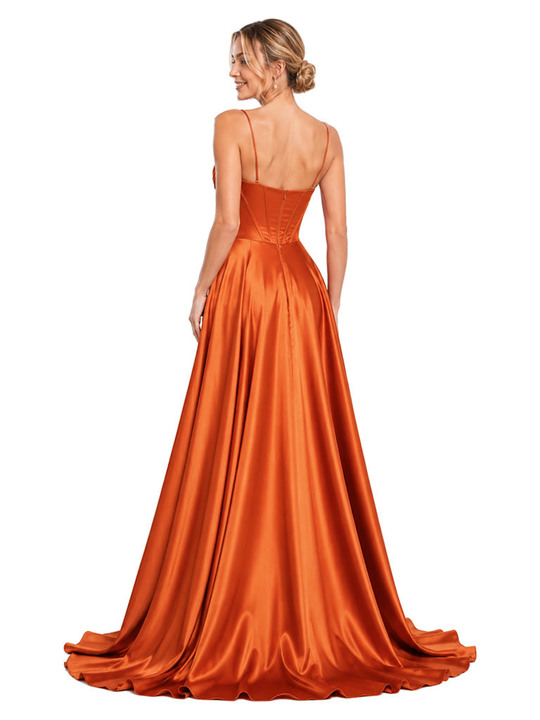 ChicSew Classy Boning Spaghetti Straps Soft Satin A-Line Bridesmaid Dress With Side Slit