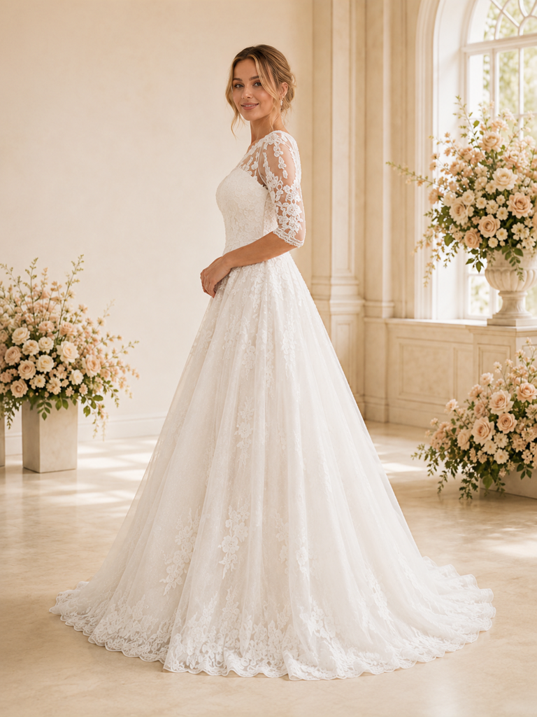 ChicSew Elegant Jewel Half Sleeves Lace Tulle Maxi Long A-Line Wedding Dress