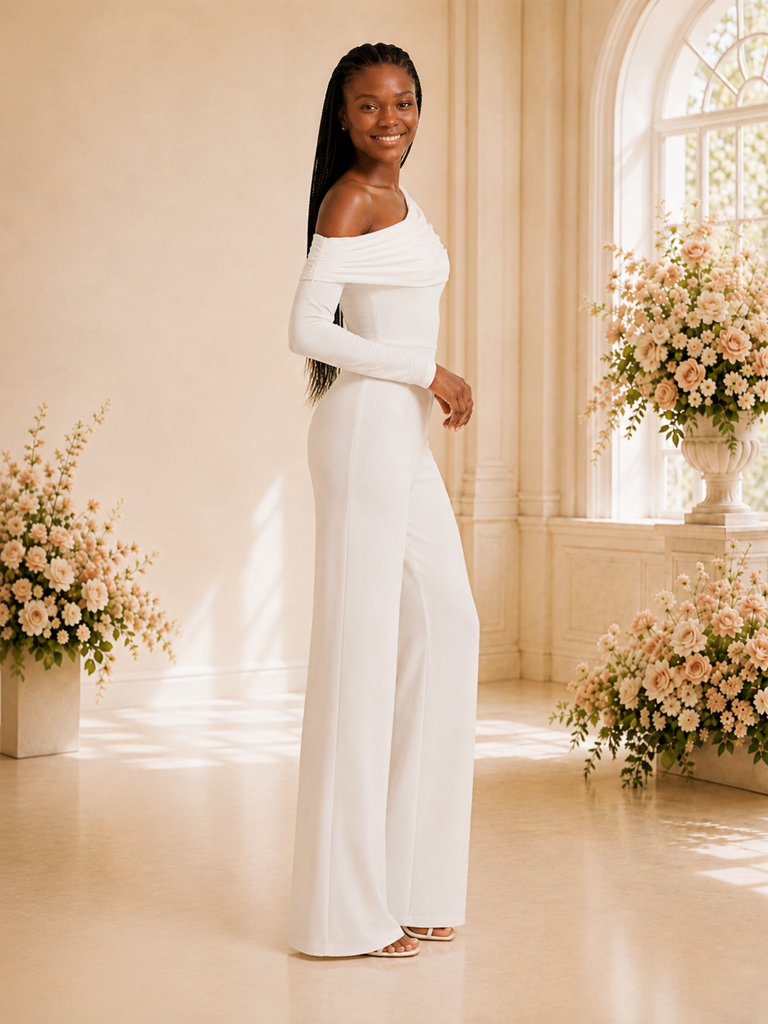 ChicSew Modern Asymmetrical Neck Long Sleeves Crepe Floor-Length Wedding Jumpsuit