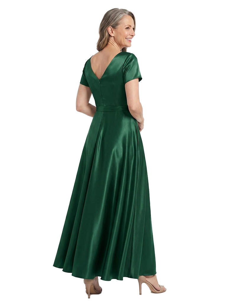 ChicSew V-Neck Short Sleeve Satin A-Line Long Mother of the Bride Dress