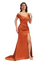Sexy Side Slit Mermaid Off The Shoulder Soft Satin Unique Long Bridesmaid Dresses Online