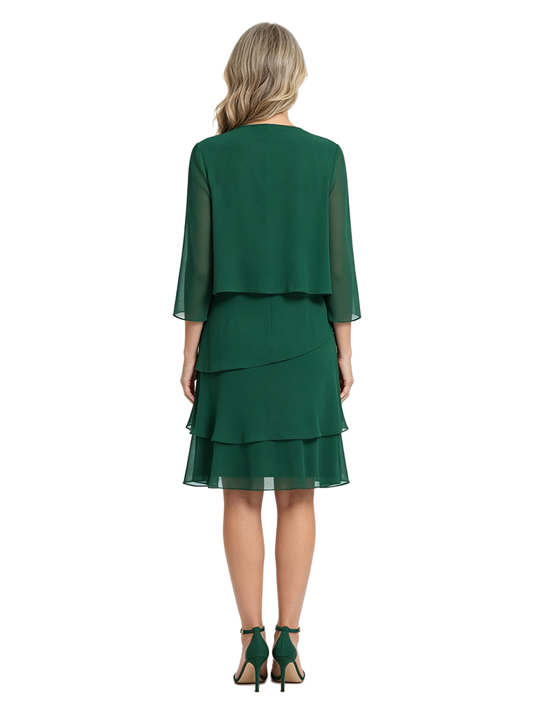 ChicSew Jewel Tiered Chiffon Midi Mother of the Bride Dress With 3/4 Sleeve Jacket