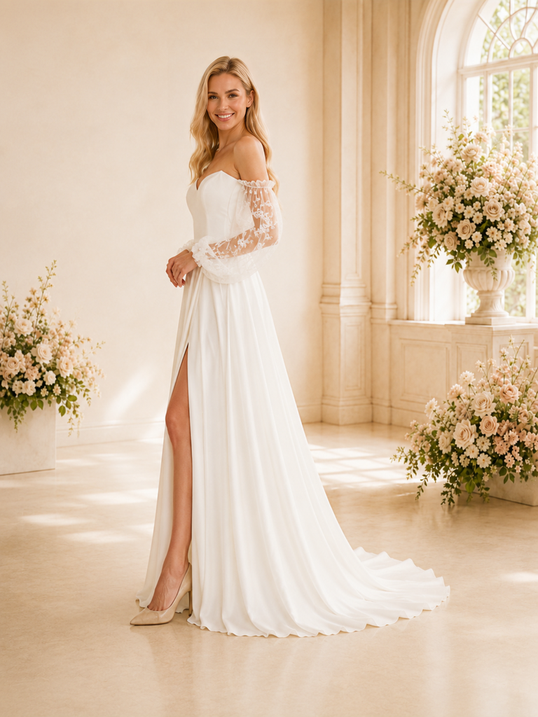 ChicSew Elegant Fancy Long Lace Sleeves A-Line Side Slit Chiffon Floor-Length Wedding Dress With Pleats
