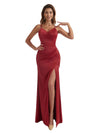 Elegant Mermaid Ruched Satin Long Bridesmaid Dresses Side Split Spaghetti Straps