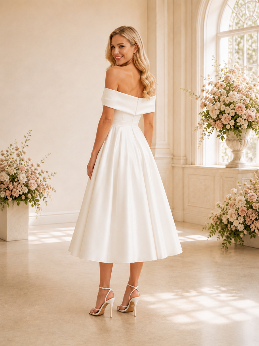 ChicSew Simple Off The Shoulder A-Line Sleeveless Satin Tea-Length Wedding Dresses