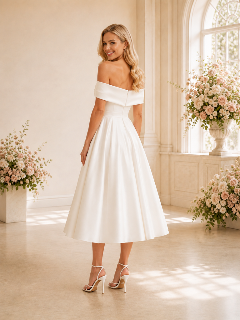 ChicSew Simple Off The Shoulder A-Line Sleeveless Satin Tea-Length Wedding Dresses