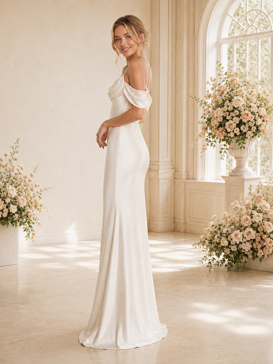 ChicSew Romantic Spaghetti Straps Ruching Satin Mermaid Floor-Length Wedding Dress
