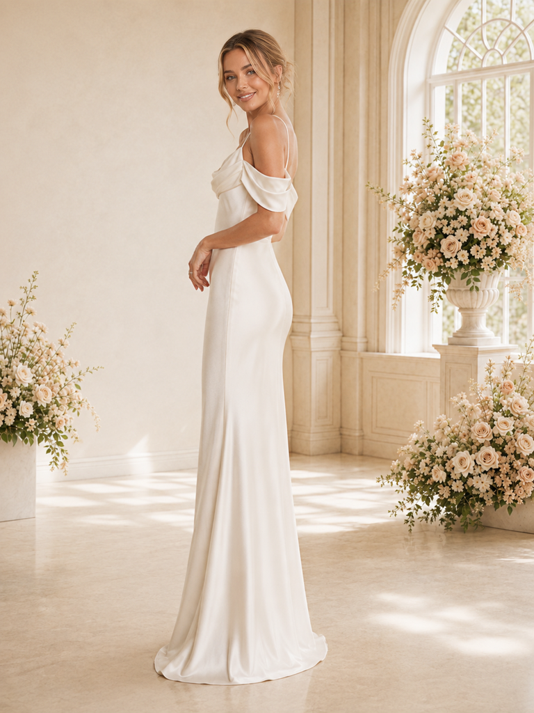 ChicSew Romantic Spaghetti Straps Ruching Satin Mermaid Floor-Length Wedding Dress