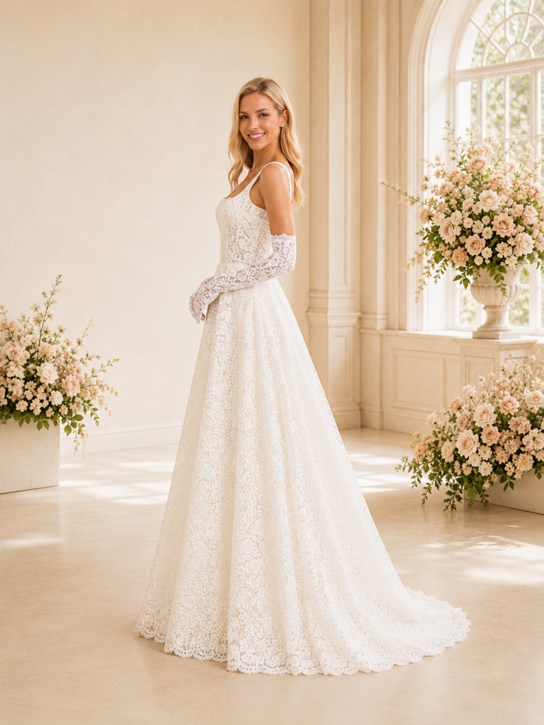 ChicSew Unique Elegant Square Neck A-Line Lace Tulle Maxi Wedding Dresses