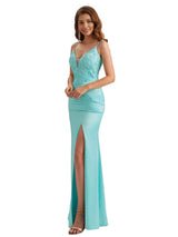 Sexy Mermaid Lace Silky Satin Spaghetti Straps Unique Long Bridesmaid Dresses Side Slit