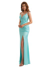 Sexy Mermaid Lace Silky Satin Spaghetti Straps Unique Long Bridesmaid Dresses Side Slit