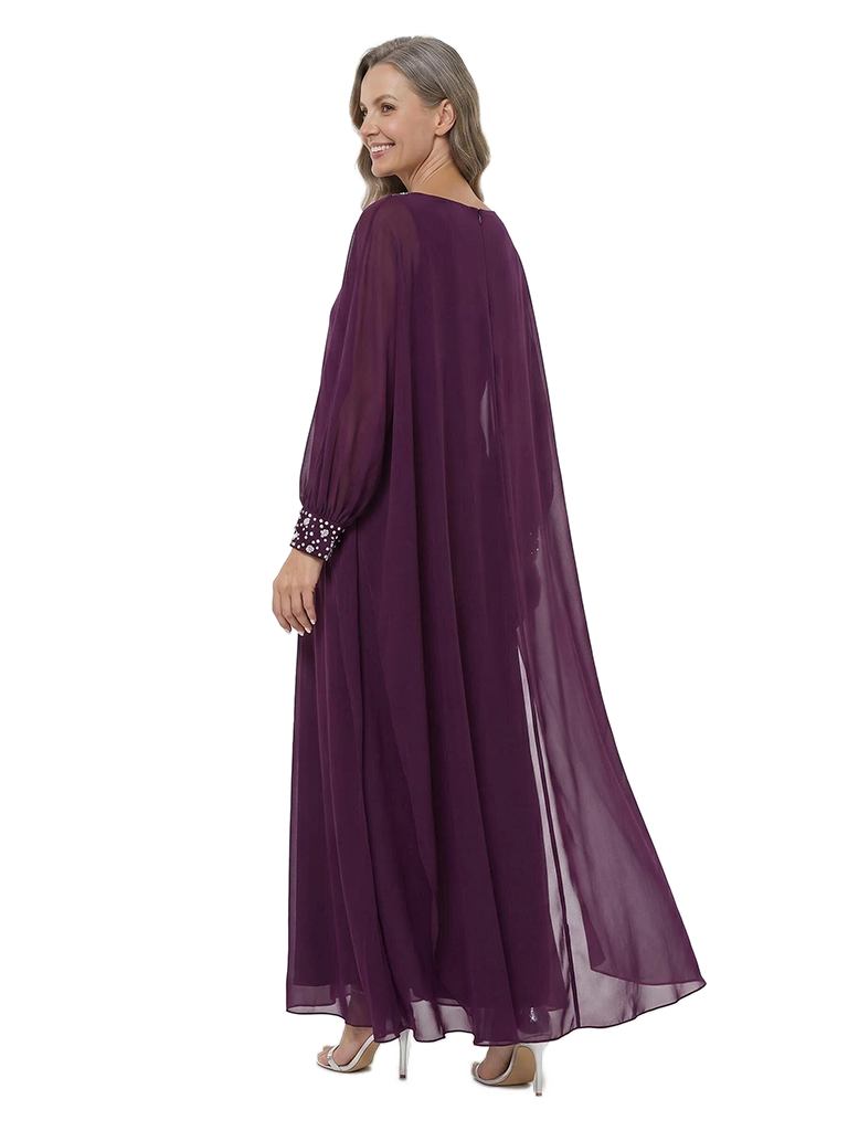 ChicSew Scoop Long Sleeves Beaded Chiffon A-Line Mother Of The Bride Dresses Classy Formal Gowns