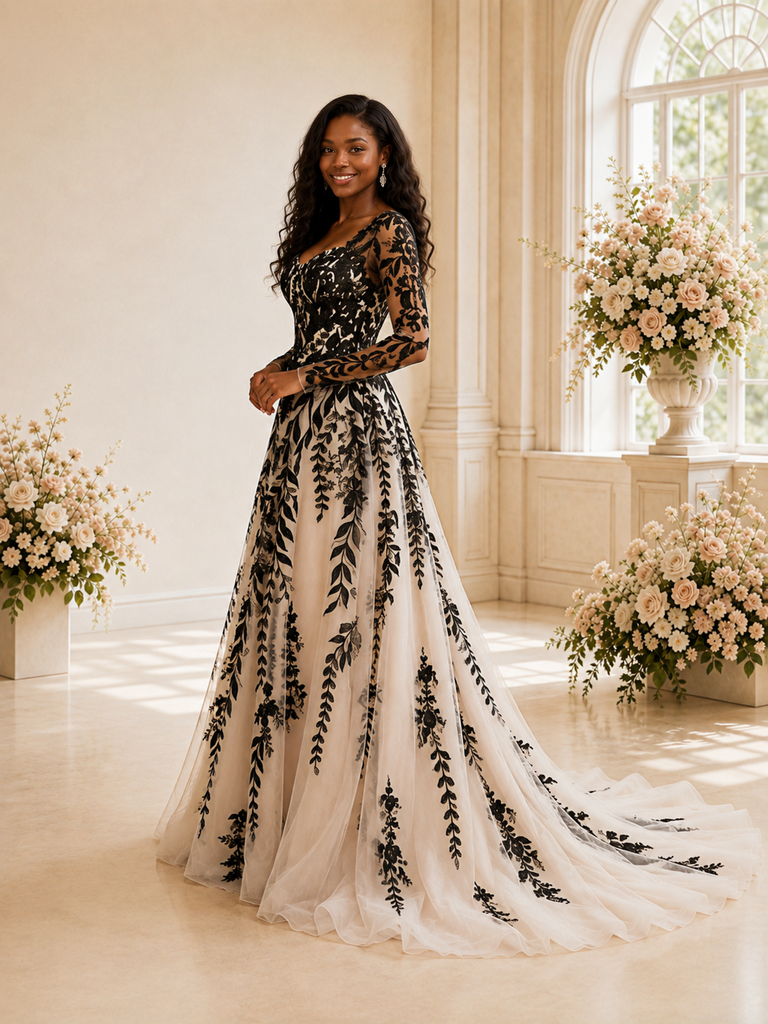 ChicSew Unique A-Line Scoop Long Sleeves Tulle Maxi Wedding Dress With Lace Applique