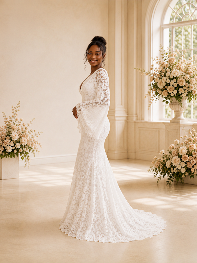 ChicSew Romantic V-Neck Long Flutter Sleeves Tulle Lace Appliques Maxi Wedding Dress