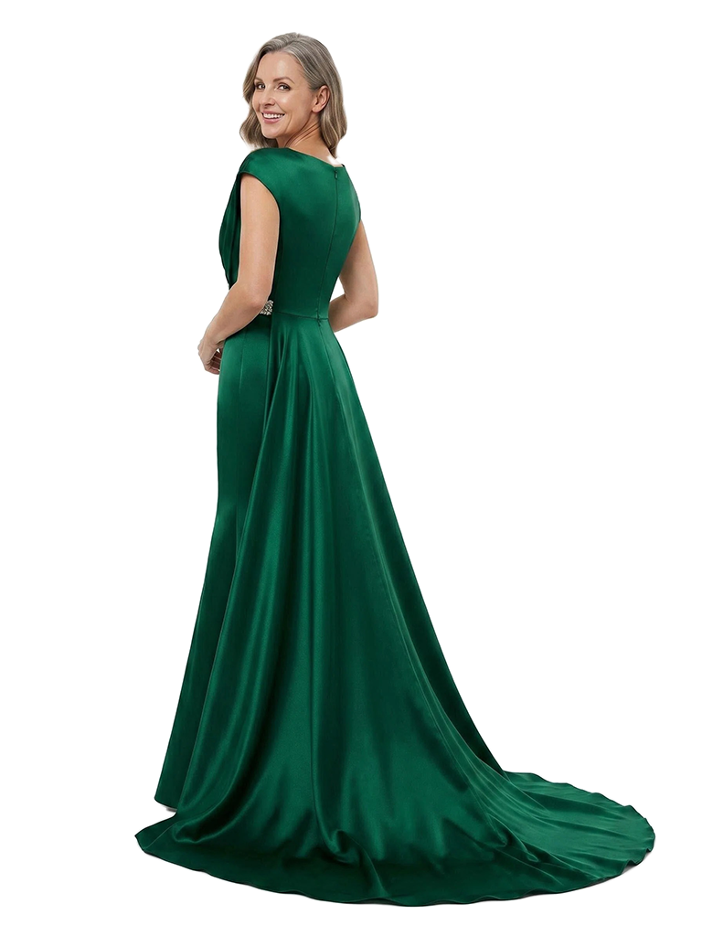 ChicSew Cap Sleeve Pleated V-Neck Mermaid Satin Long Mother Of The Bride Dresses Unique Beaded Waist Overskirt