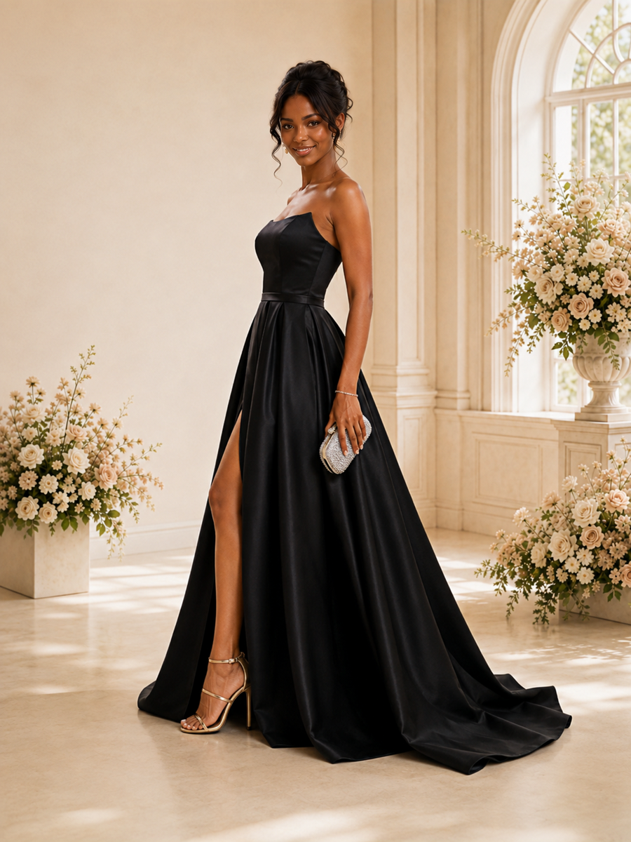 ChicSew Modern Simple Satin Strapless A-Line Maxi Wedding Dress With Side Slit