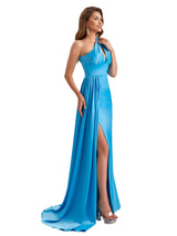 Sexy One Shoulder Soft Satin Mermaid Side Slit Pretty Long Bridesmaid Dresses Online