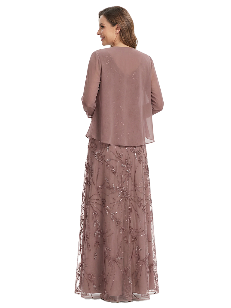 ChicSew V-Neck Lace Long Sleeve A-Line Chiffon Mother of the Bride Dresses And Jacket