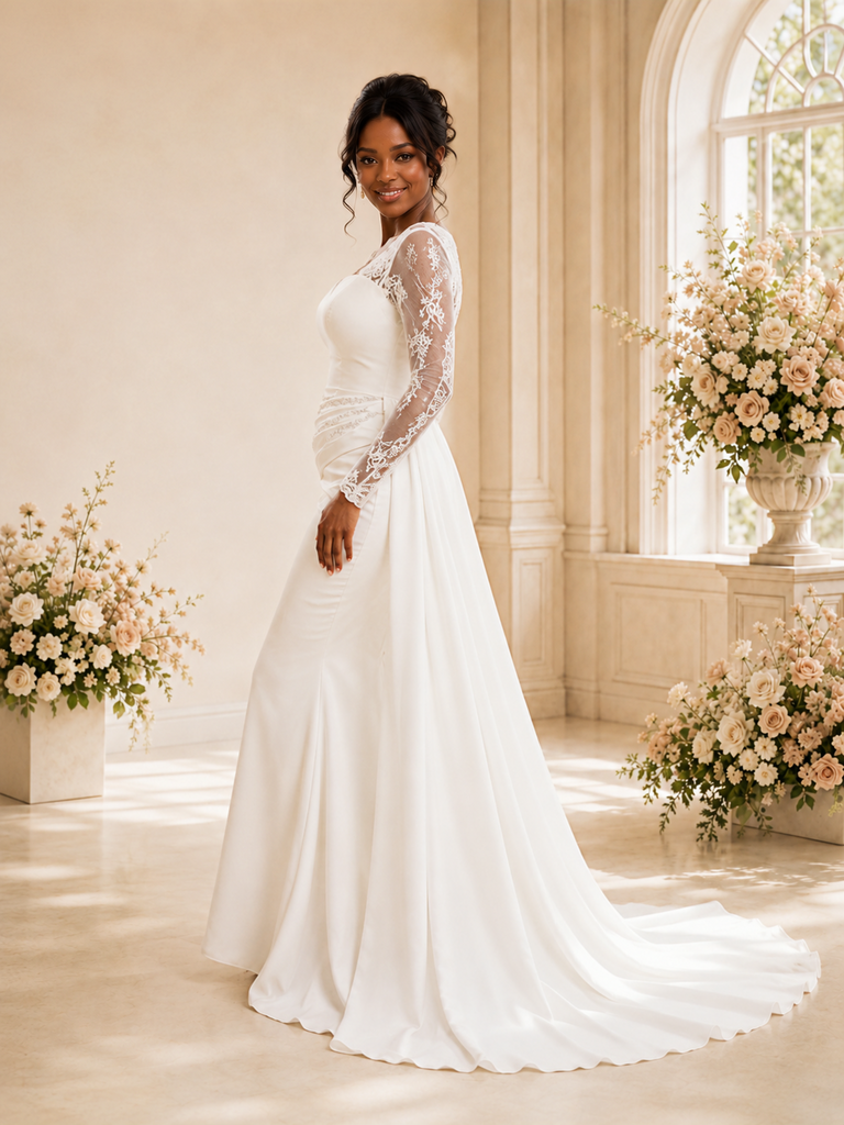 ChicSew Modern Satin Lace Long Sleeves Ruching Mermaid Floor-Length Wedding Dress
