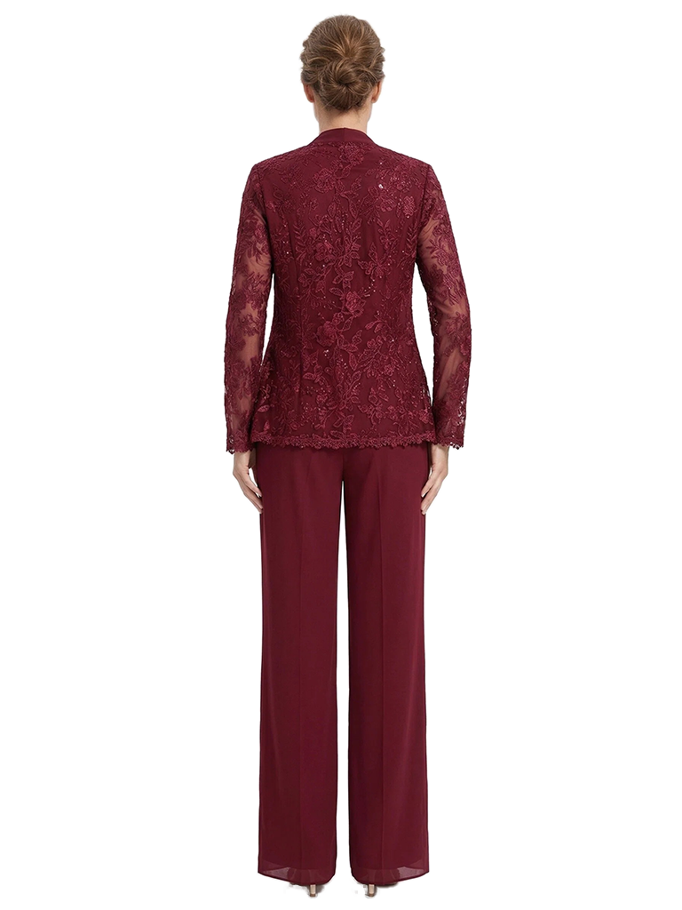 ChicSew V-Neck Long Sleeve Lace Bodice Pantsuits For Mother Of The Bride