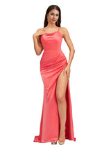Elegant Spaghetti Straps Cowl Mermaid Side Slit Soft Satin Floor Length Bridesmaid Dresses