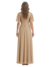 ChicSew Flutter Sleeves V-Neck Lace Appliques Sequin Side Slit Chiffon A-Line Mother Of The Groom Dress