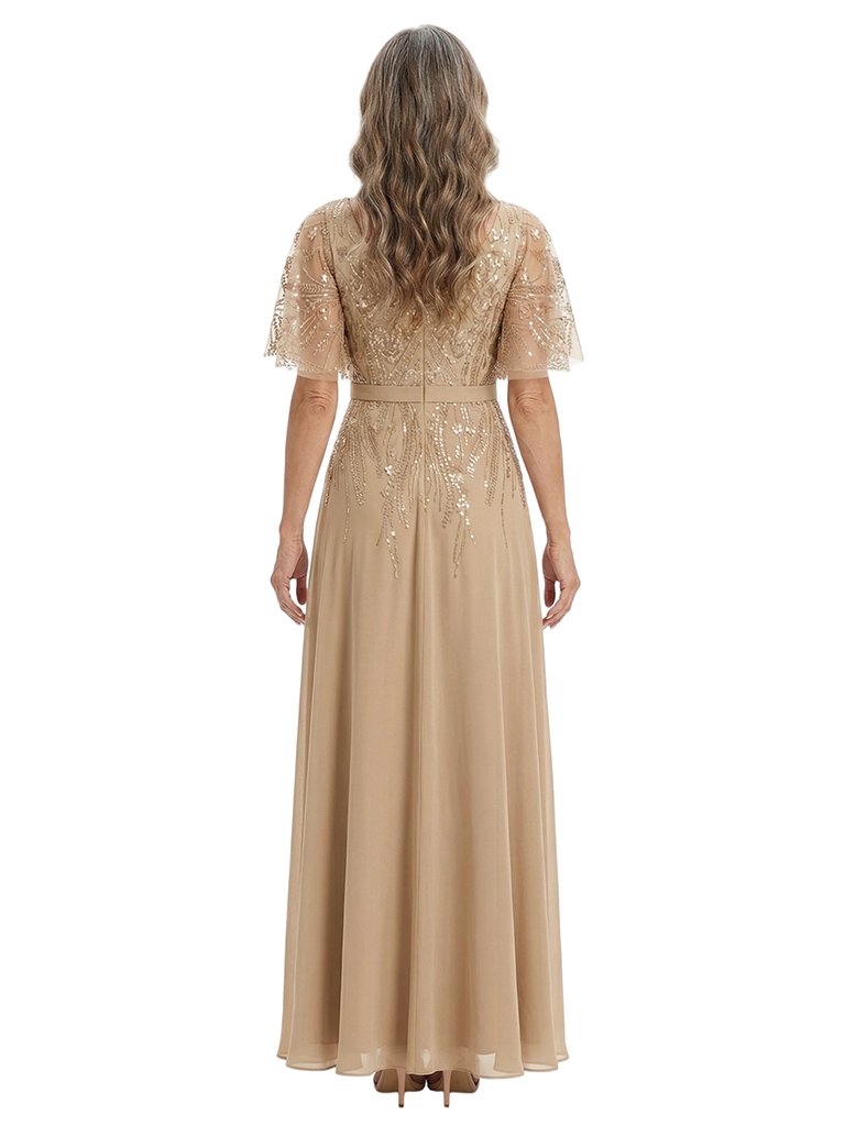 ChicSew Flutter Sleeves V-Neck Lace Appliques Sequin Side Slit Chiffon A-Line Mother Of The Groom Dress