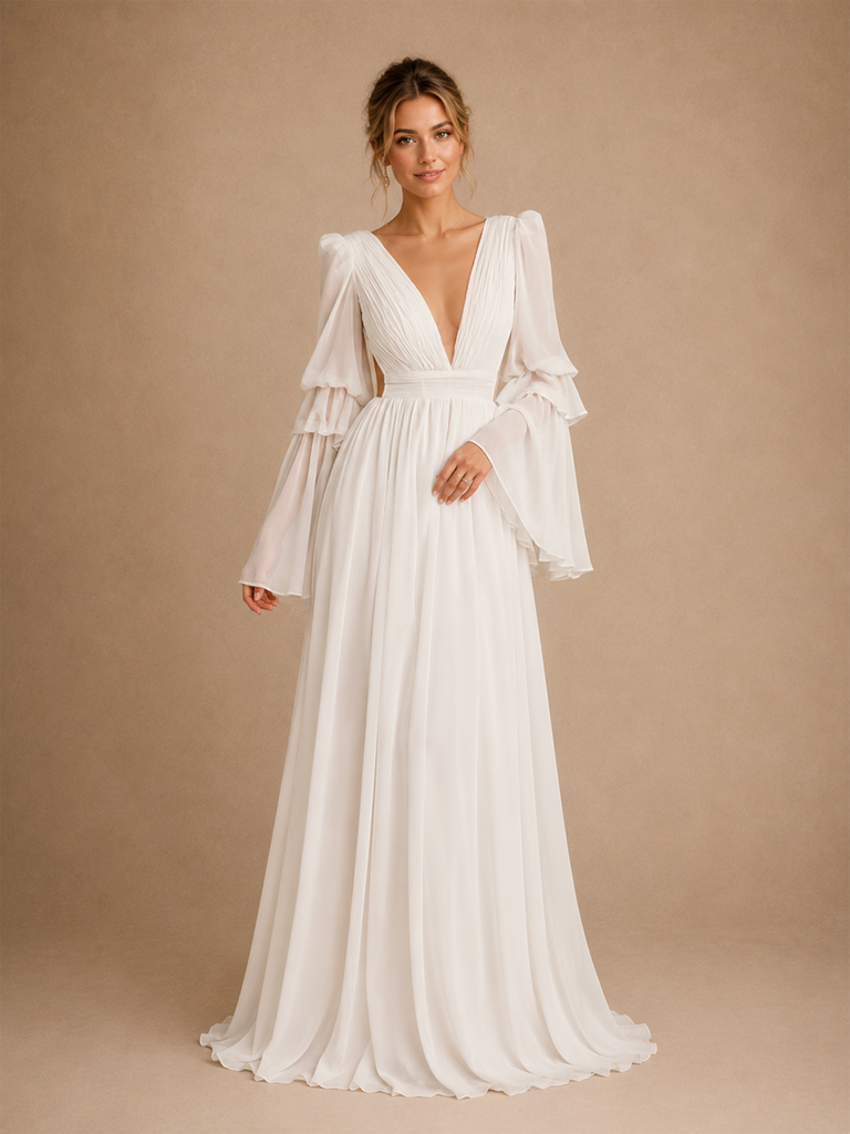 ChicSew Elegant V-Neck Chiffon Pleated Long Sleeves A-Line Floor-Length Wedding Dress