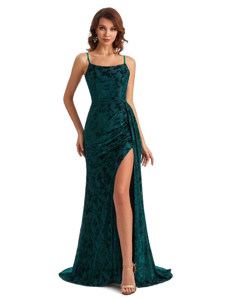 Sexy Square Side Slit Spaghetti Straps Mermaid Lace Velvet Long Bridesmaid Dresses Online- ChicSew Sexy Square Side Slit Spaghetti Straps Mermaid Lace Velvet Long Bridesmaid Dresses Online- ChicSew