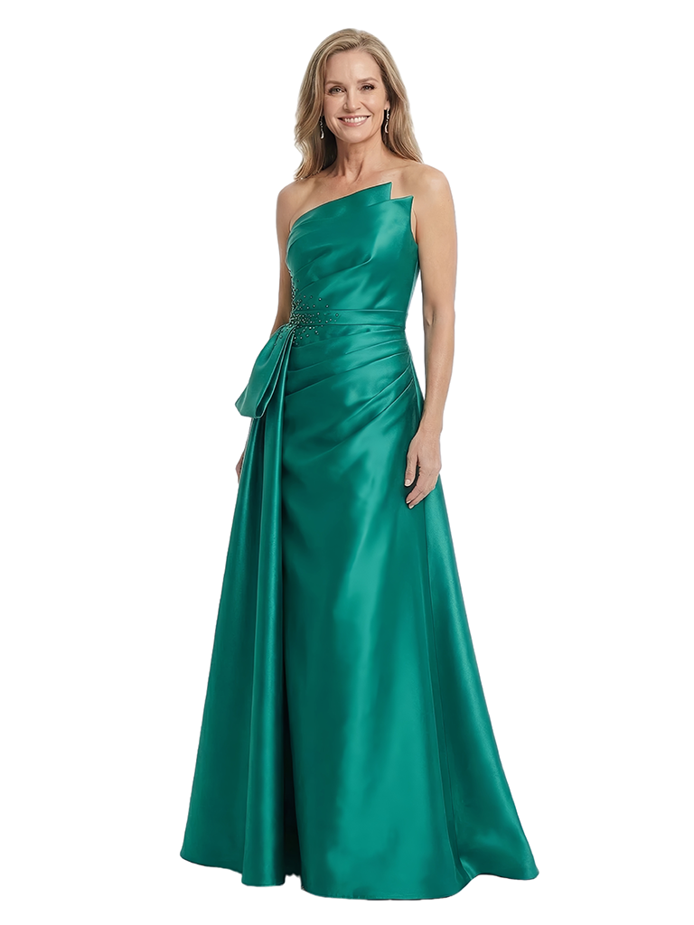 Chicsew Strapless Beaded A-Line Floor Length Satin Bow Accent Glamorous Mother Of The Bride And Groom Dresses