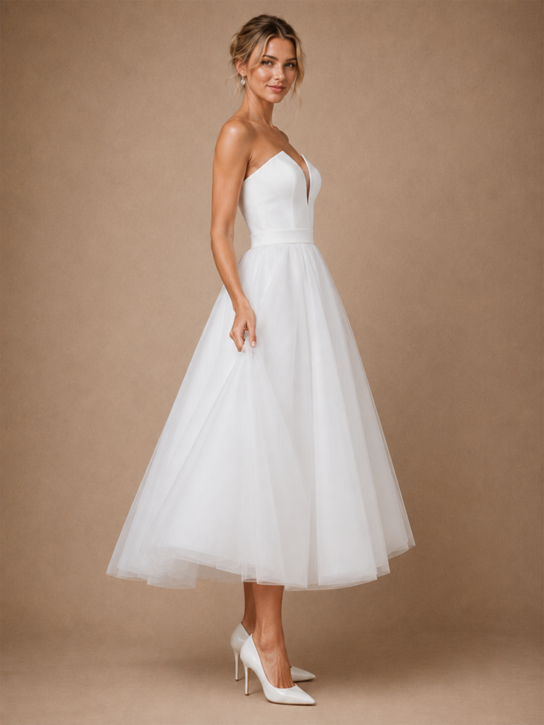 Chicsew Fancy V-Neck Sleeveless A-Line Tea-Length Crepe Tulle Wedding Dress
