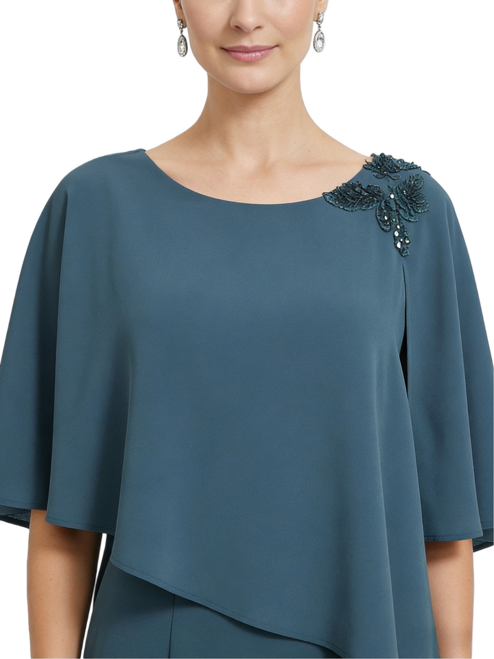 Chicsew Scoop Cape Sleeve Beaded Accent Sheath Floor Length Stretch Crepe Mother of the Bride Dresses