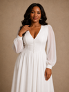 ChicSew Elegant Simple V-Neck Long Sleeves Chiffon A-Line Tea-Length Wedding Dress