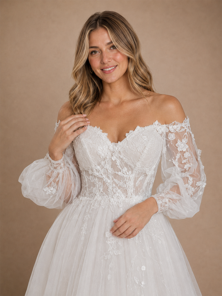 ChicSew Elegant V-Neck 3/4 Sleeves A-Line Tulle Floor-Length Wedding Dress With Lace Appliques