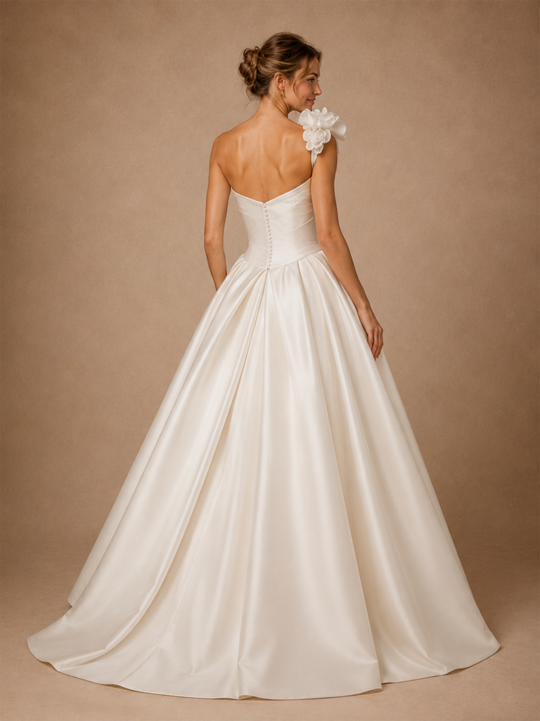 ChicSew Fancy One Shoulder 3D Flowers Ruching Satin A-Line Maxi Wedding Dress