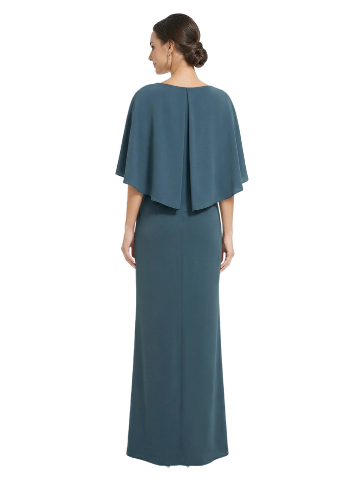 Chicsew Scoop Cape Sleeve Beaded Accent Sheath Floor Length Stretch Crepe Mother of the Bride Dresses