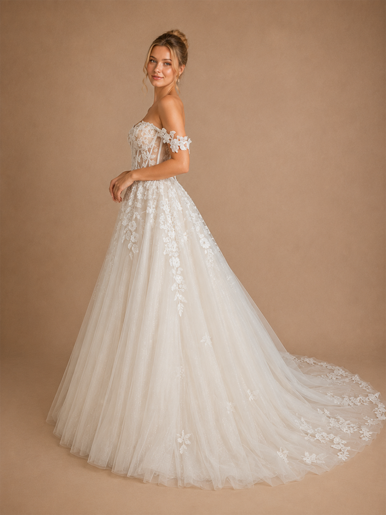 ChicSew Classy Off The Shoulder Sleeveless Lace Tulle A-Line Maxi Wedding Dress With Boning
