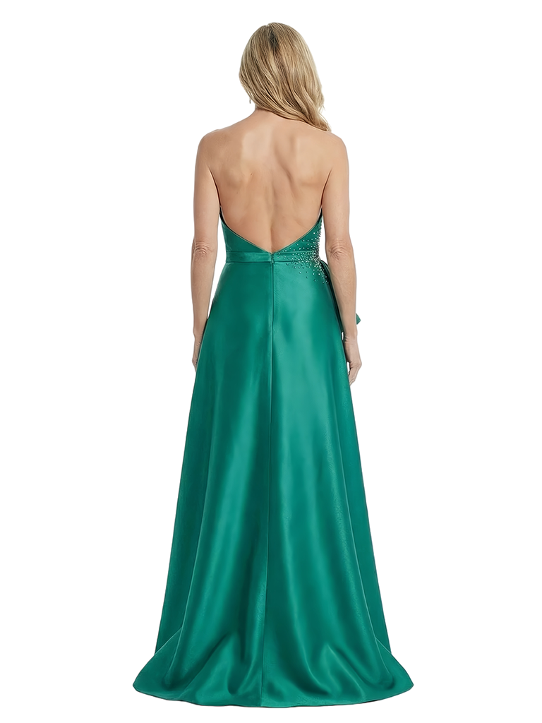 Chicsew Strapless Beaded A-Line Floor Length Satin Bow Accent Glamorous Mother Of The Bride And Groom Dresses
