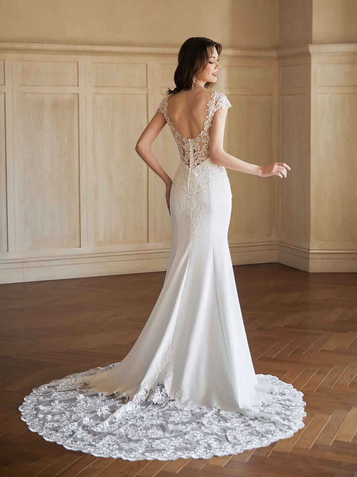 Cap Sleeves Sexy Mermaid Open Back V-neck  Maxi Long Lace Wedding Dresses Online