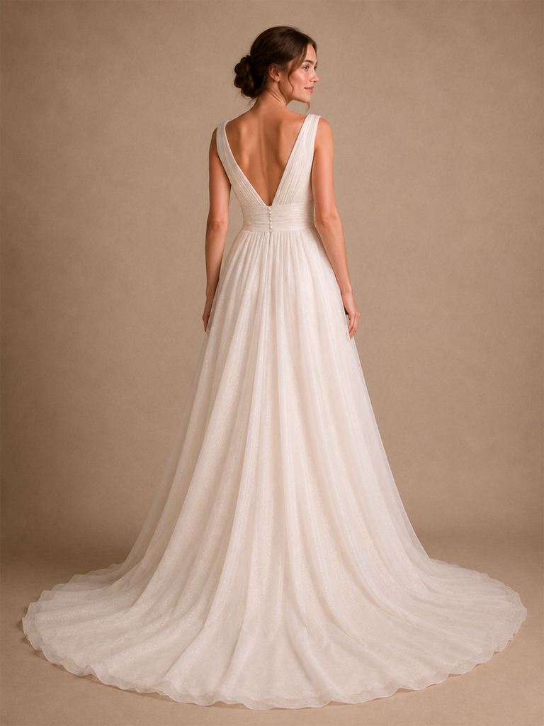 ChicSew Classy Spaghetti Straps V-Neck Sleeveless Glitter Tulle A-Line Maxi Wedding Dress