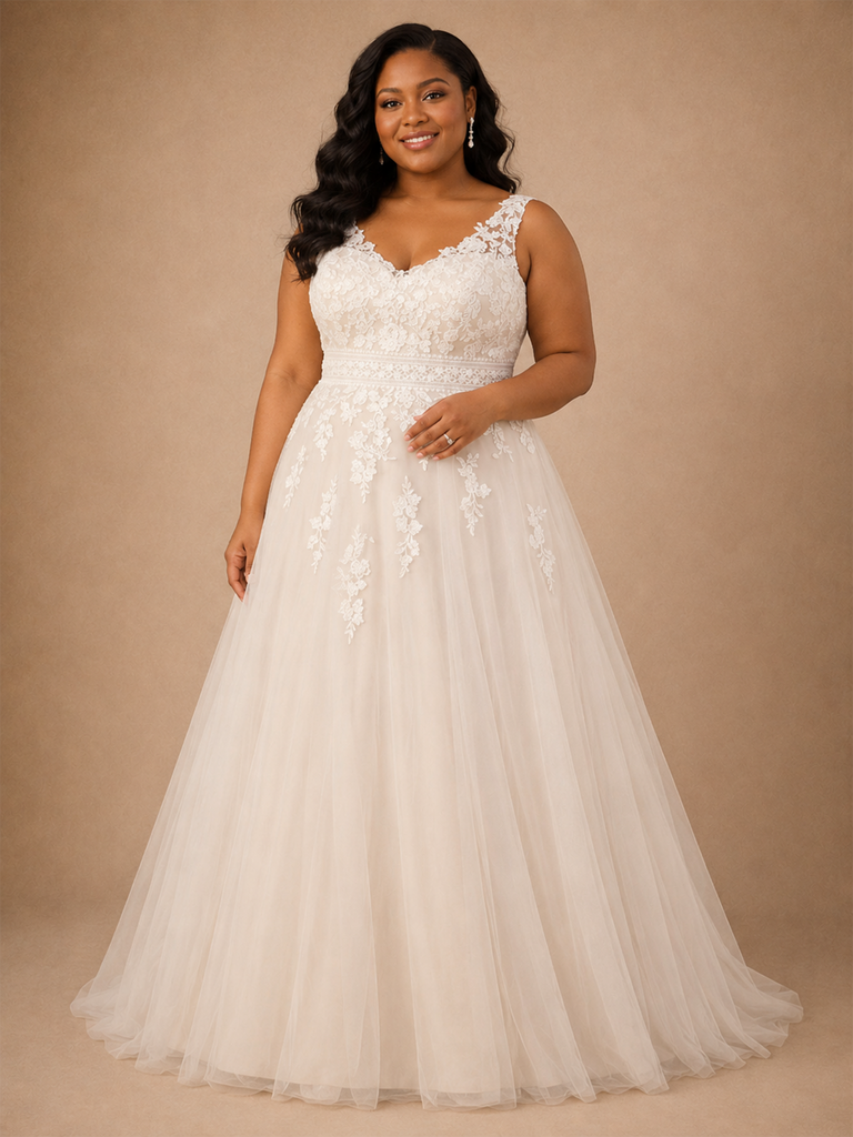 ChicSew Elegant Lace Tulle V-Neck A-Line Floor-Length Wedding Dress