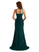 Sexy Side Slit Spaghetti Straps Mermaid Floral Velvet Long Wedding Guest Dresses Online