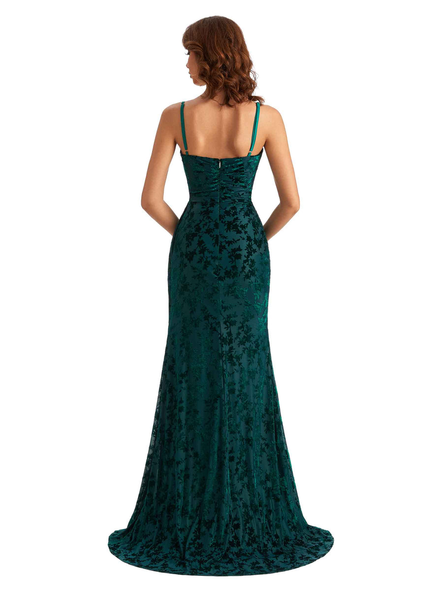 Sexy Side Slit Spaghetti Straps Mermaid Floral Velvet Long Wedding Guest Dresses Online