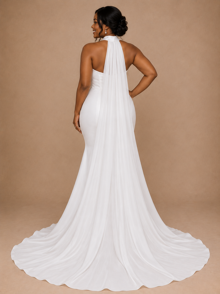 ChicSew Modern V-Neck Halter Strap Sleeveless Mermaid Satin Floor-Length Wedding Dress
