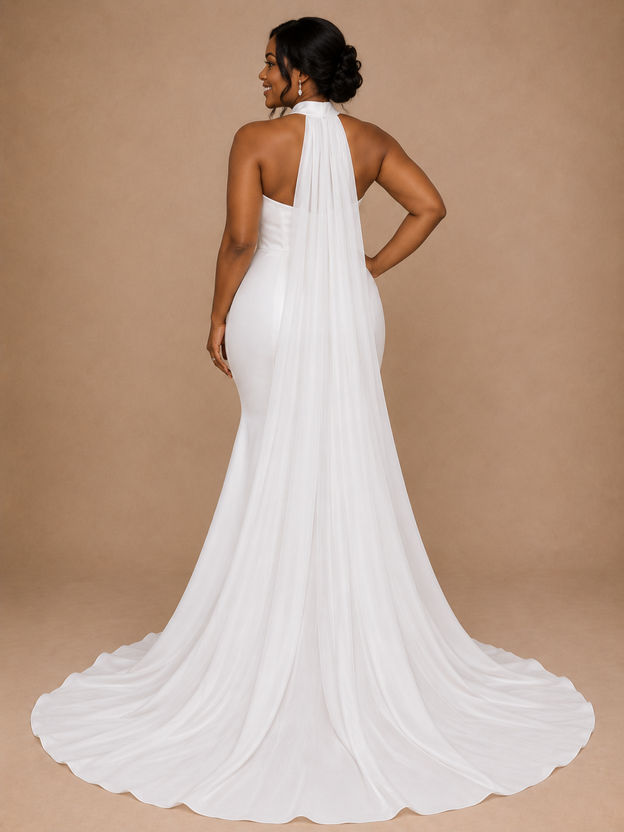 ChicSew Modern V-Neck Halter Strap Sleeveless Mermaid Satin Floor-Length Wedding Dress