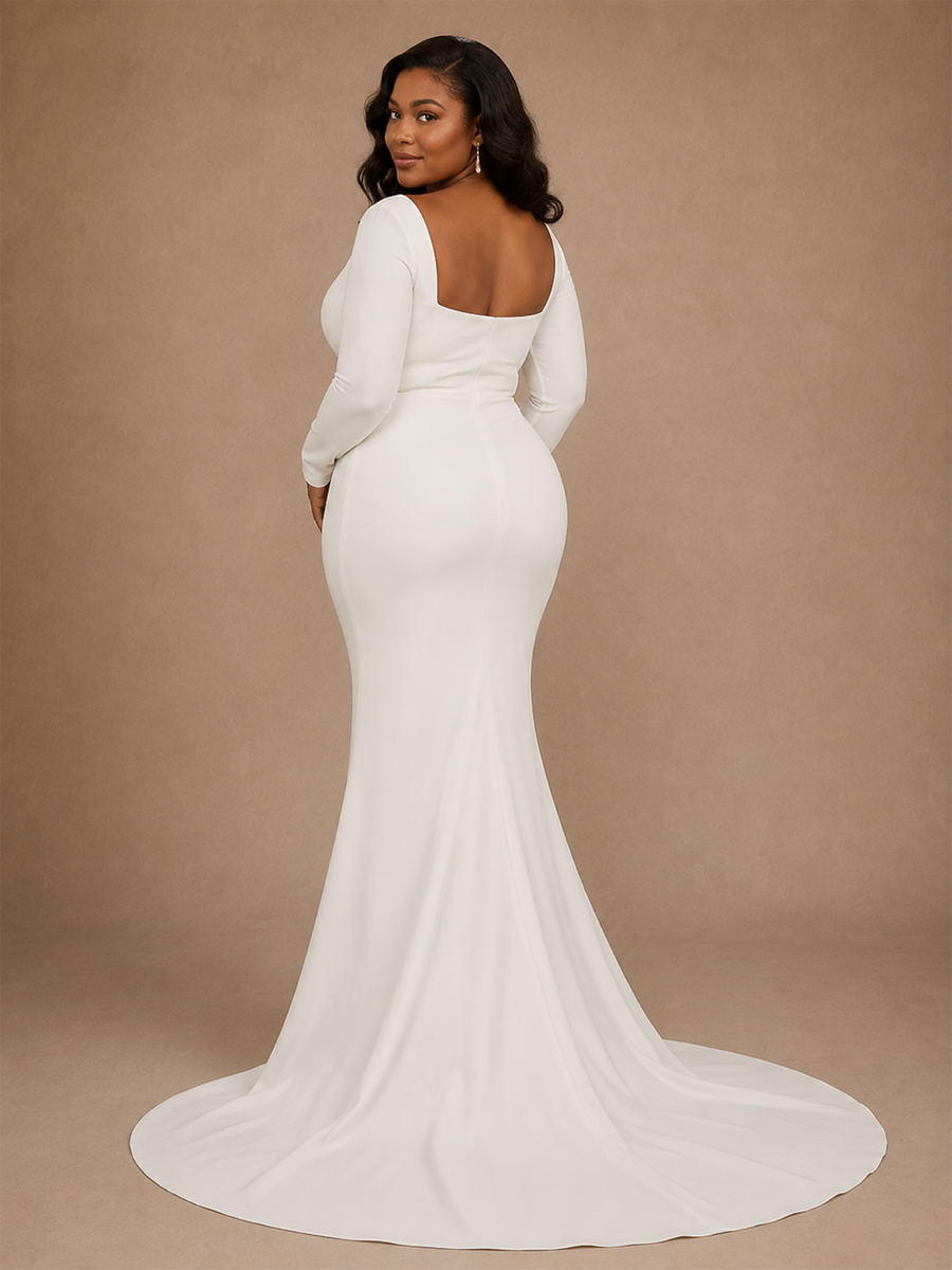 ChicSew Elegant Square Neck Long Sleeves Mermaid Crepe Floor-Length Wedding Dress